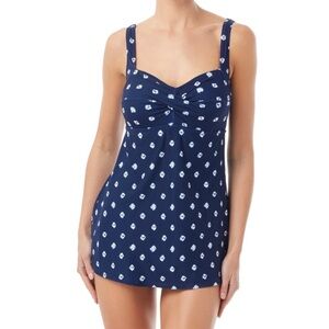 GABAR Twist Bra One Piece Swimdress Blue White Polkadot Chlorine Resistant Sz 8